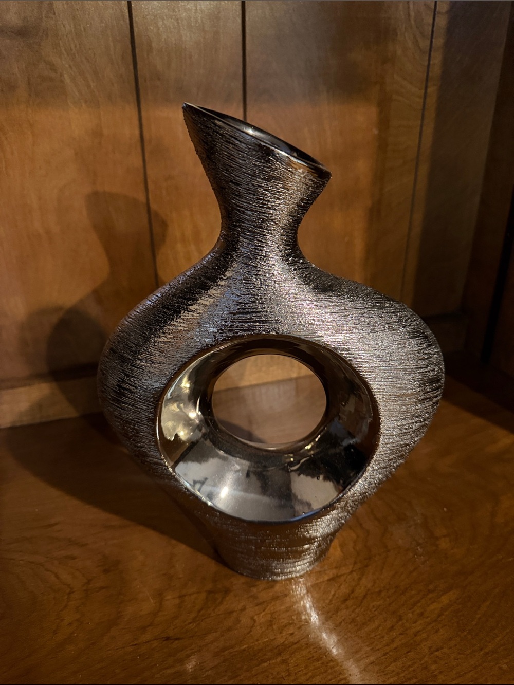 Metallic Silver Decorative Ceramic Vase with Center Opening